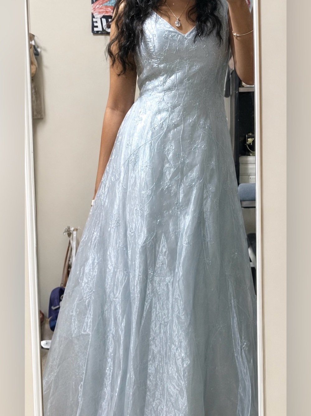Light Blue V-Neck Prom Gown with Embroidered Overlay
